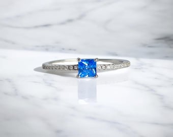 Sterling Silver Aquamarine Solitaire Ring: Princess Cut CZ Gemstone