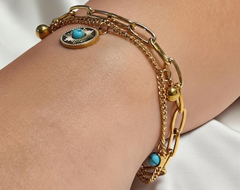 Boho Turquoise Charm Bracelet, Layered Gold Chain Bracelet, December Birthstone Jewelry
