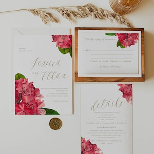 Tropical Wedding Invitation Suite Template , Bougainvillea, Destination, INSTANT DOWNLOAD, DIY Self Edit Printable Corjl 01