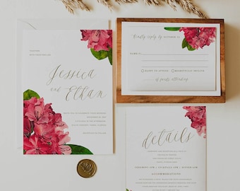 Tropical Wedding Invitation Suite Template , Bougainvillea, Destination, INSTANT DOWNLOAD, DIY Self Edit Printable Corjl 01