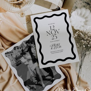 Wellenförmige Save the Date Vorlage, minimalistische moderne Save the Date, Wave Einladungen, Jakobsmuschel Hochzeitseinladung, gewelltes Foto Save the Date Printable