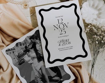 Wavy Save The Date Template, Minimalist Modern Save the Date, Wave Invitations, Scallop Wedding Invite, Wavy Photo Save the Date Printable