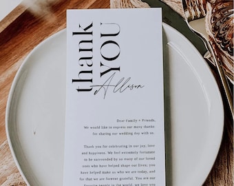 Minimal Thank You Menu with Guest Name, Place Card Wedding Menu, Place Setting Thank You Card, Reception Menu Printable Template, Corjl 013