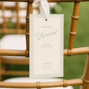Grüner Streifen Hochzeit reservierter Stuhl Zeichen, altes Geld, Ritz Glam Stuhl reservierte Sitzplatzkarten Vorlage druckbar 029
