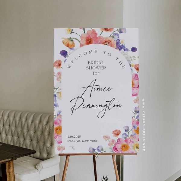 Spring Floral Welcome Sign Arch Flower Wedding Reception Field Flowers Wedding Template Printable Instant Download 017