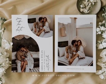 Minimal Arch Curve Multi-Photo Save the Date Card, Engagement Photo Template, Printable Instant Download