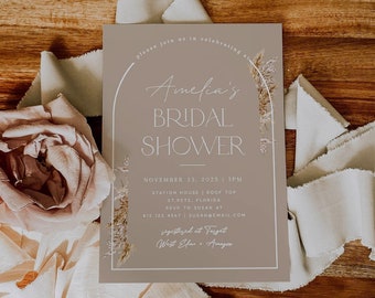 Bridal Shower Invitation, Arch Curve Design with Pampas Grass, DIY Self Editable Template, Printable edit with Corjl