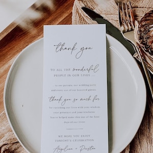 Minimalist Wedding Thank You Template, Wedding Napkin Note, Wedding Menu Thank You, Place Setting Thank You, Printable Template, Corjl 013