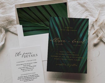 Dark Moody Tropical Wedding Invitation, Tropical, Minimal Wedding Invitation, Destination Wedding , Template, Printable Instant Download 001