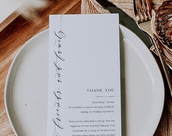 Wedding Thank You Template, Wedding Napkin Note, Wedding Menu Thank You, Place Setting Thank You, Printable Template, Corjl 013