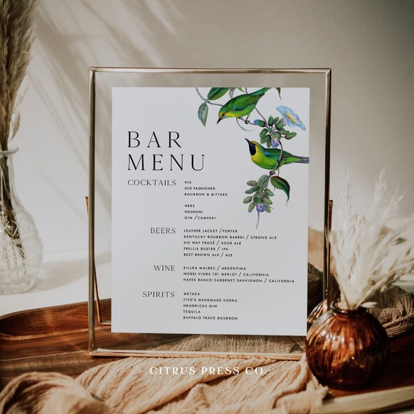 Bar Menu, Love Birds Wedding, Drinks Menu, 8x10 Custom Sign Template, Destination Wedding, Dark Moody, Instant Download, Corjl Printable 018