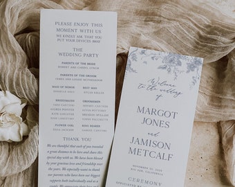 French Blue Program Template, Wedding Wedding Ceremony Program, Toile Floral Menu, Digital Download, Editable, Printable Template, Corjl 020