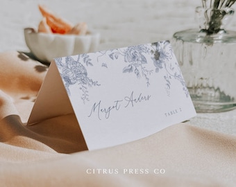 Blue Floral Wedding Place Cards, Wedding Reception,  French Roses Botanical Place Card, Digital Download, Printable Editable Template 020