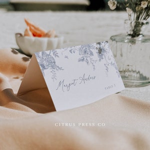 Cartões florais azuis para casamento, recepção de casamento, cartão botânico de rosas francesas, download digital, modelo editável para impressão 020