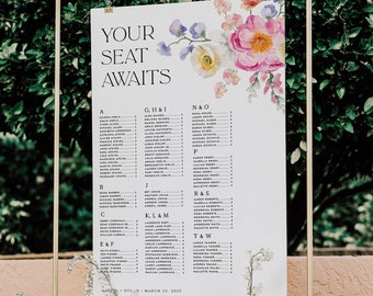 Modern Spring Floral Seating Chart, Wild Flower Wedding Reception, Field Flowers Wedding Template, Printable Instant Download 017