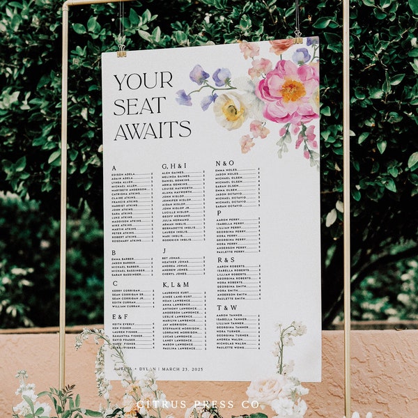 Modern Spring Floral Seating Chart, Wild Flower Wedding Reception, Field Flowers Wedding Template, Printable Instant Download 017