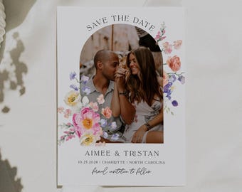 Plantilla de foto floral para guardar la fecha, tarjeta de invitación imprimible para boda con flores de jardín, romántica, primaveral, descarga instantánea