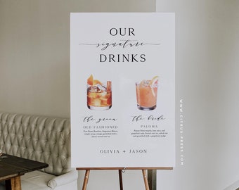 Signature Drinks Minimalist Bar Menu Wedding Sign Corjl, 18x24" Wedding Drink Sign Printable Template EDITABLE 013