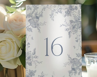 Blue Floral Table Number Cards, Wedding Reception,  French Roses Botanical Place Card, Digital Download, Printable Editable Template 020