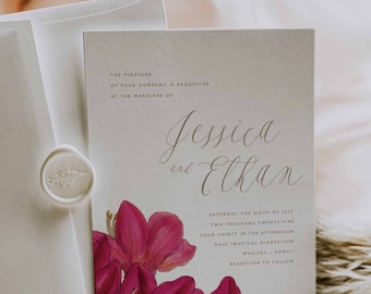 Tropical Wedding Invitation, Bougainvillea Flower, Tropical Invitation, Destination wedding, Beach Wedding, Azalea Flower