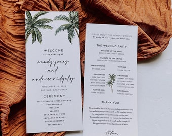 Tropical Wedding Ceremony Program Template, 4x9 Palm Tree, Beach, Destination Wedding Printable Template, Instant Download Corjl 010