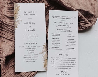 Pampas Grass Wedding Ceremony Program Template, 4x9 Boho, Rust, Desert Template, Editable Text with Corjl 03