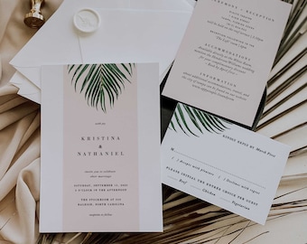 Modèle d'Invitation de mariage Tropical Mod, Palm Leaf Destination, Invitation de plage Téléchargement instantané, DIY Self Edit Printable Corjl 04