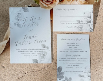 Modern Minimalist Botanical Wedding Invitation Template Download, PDF DIY Self Edit Template, Floral Wedding Invitation Template Download 02