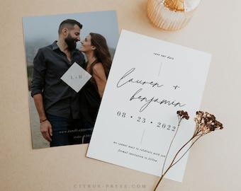 Minimalist Save the Date Template, Modern Wedding Invitation Black and White, Printable Wedding Invitation Suite Download, Corjl