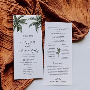 Modello di programma per cerimonia di matrimonio tropicale, palma 4x9, spiaggia, modello stampabile matrimonio di destinazione, download istantaneo Corjl 010