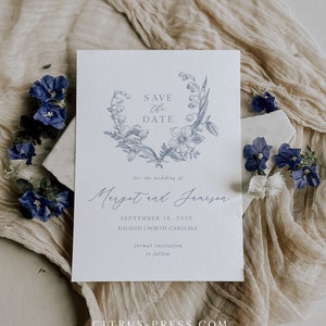 Blue Floral Save the Date Invitation, Wedding Suite, Chinoiserie Wedding Template, Printable Instant Download 020 image 1