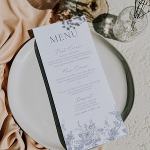 Modelo de menu floral azul francês, recepção de casamento, menu floral Toile, download digital, editável, faça você mesmo, modelo para impressão, Corjl 020
