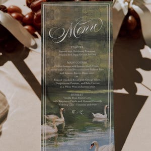 Painted Swan Wedding Menu Template | Editable 4x9 Reception Menu | Romantic Swan Menu Card | Corjl Instant Download 030 image 2