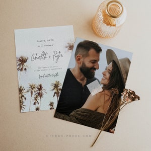 Modern Beach Palm Trees Save the Date | California Save the Date, Watercolor Painting Save the Date, Save the Dates Corjl