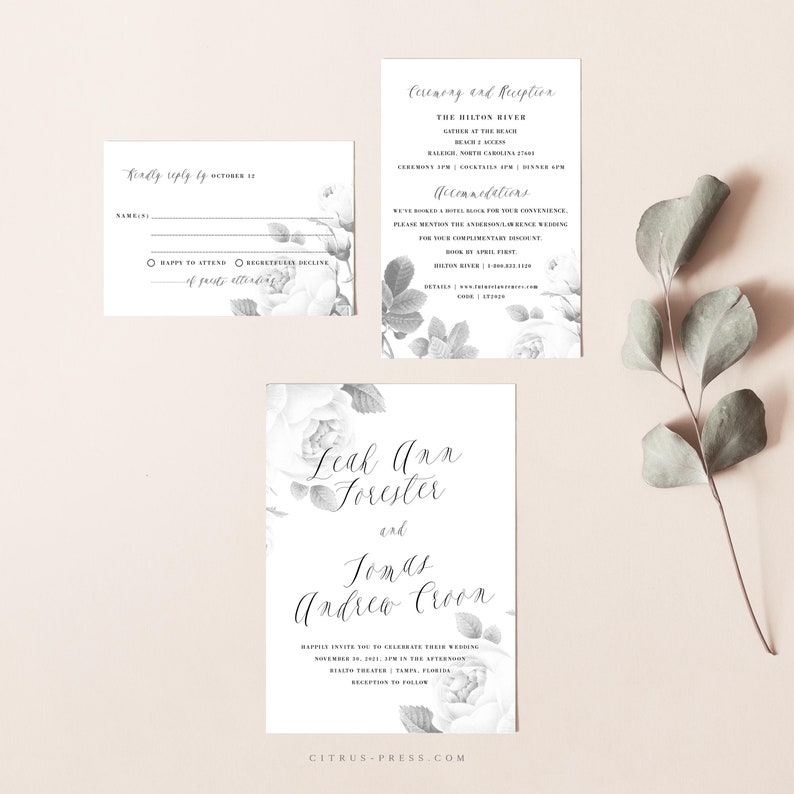 PDF DIY Self Edit Template Floral Wedding Invitation Template Download Modern Minimalist Botanical Wedding Invitation Template Download