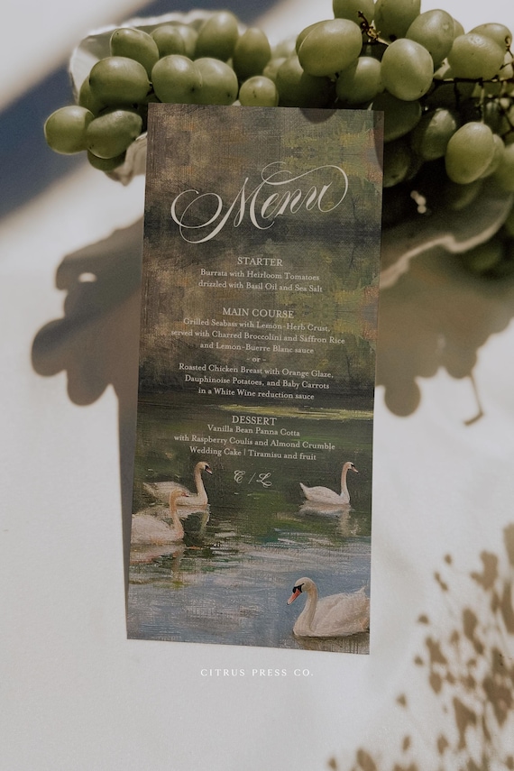 Painted Swan Wedding Menu Template | Editable 4x9 Reception Menu | Romantic Swan Menu Card | Corjl Instant Download 030