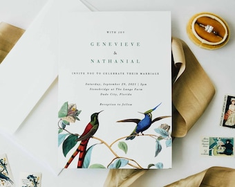 Love Bird Wedding Invitation | Modern, Botanical, Vintage Invitation | Mod Botanical Invitation | Minimalist Aerial Invitation | Sample Set