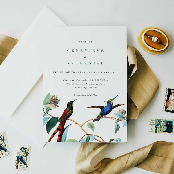 | d’invitation de mariage Love Bird | d’invitation moderne, botanique et vintage | d’invitation Mod Botanical | d’invitation aérienne minimaliste Ensemble d’échantillons