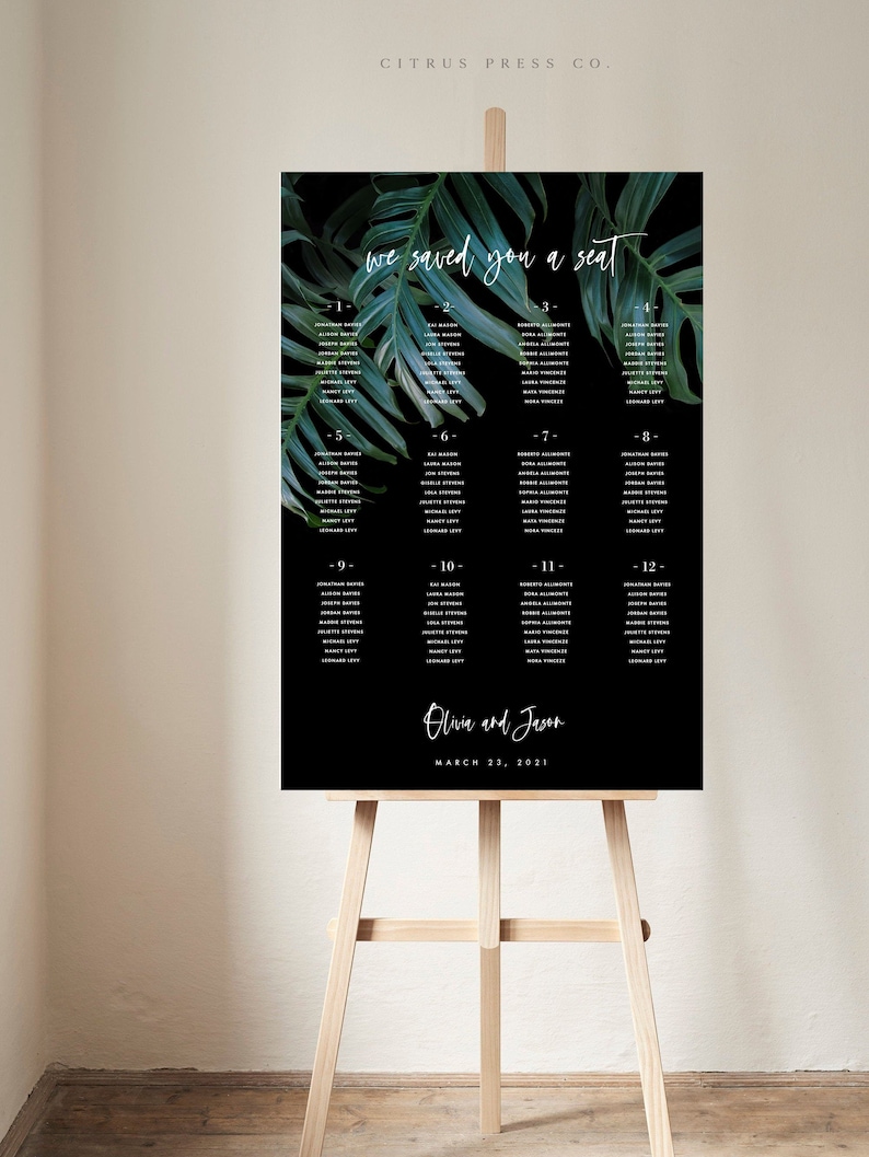 Tropical Seating Table Chart Template, Dark Moody, Palm Leaf, Destination Wedding, Shower, Party, 24x36, DIY Editable Printable Corjl 001 image 1
