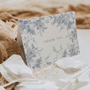Blaue Blumen Dankeskarte, Hochzeit Dankeskarte, Dusty Blue Danke, Französische Rosen Karte, digitaler Download, druckbare Vorlage 020