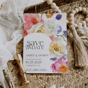 Frühling Floral Save the Date Einladung, Bogen Foto, Hochzeit, Feldblumen Hochzeit Vorlage, Printable Instant Download 017