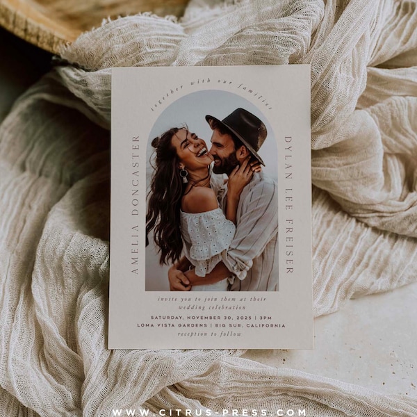 Boho Photo Wedding Invitation Arch Curve Engagement Photo, Boho Rust Color, DIY Self Editable Template, Printable Corjl 03