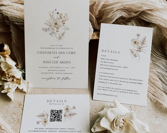 Dried Wildflower Invitation Suite, Wedding Stationery, Neutral Boho Dried Flowers Wedding Template, Printable Instant Download 014