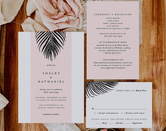Minimalist Tropical Wedding Invitation Template, Beach Destination, Palm Leaf Invitation INSTANT DOWNLOAD, DIY Self Edit Printable Corjl 04