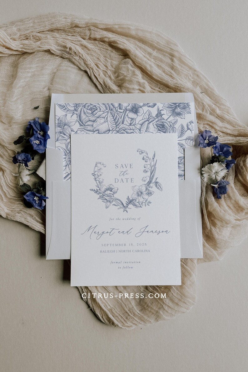 Blue Floral Save the Date Invitation, Wedding Suite, Chinoiserie Wedding Template, Printable Instant Download 020 image 4