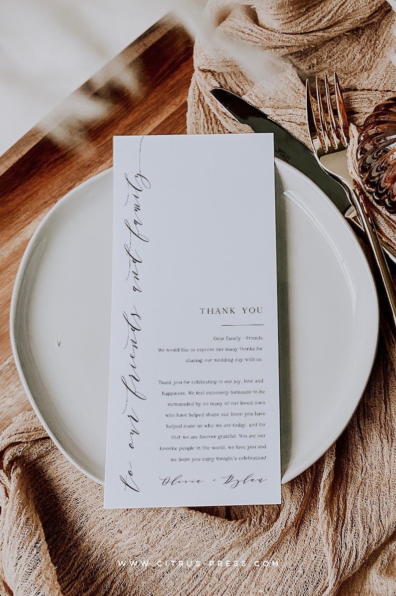 Wedding Thank You Template, Wedding Napkin Note, Wedding Menu Thank You, Place Setting Thank You, Printable Template, Corjl 013 image 1