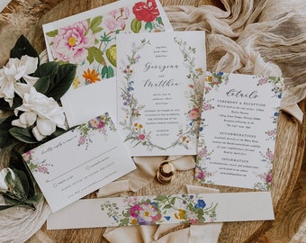 Wildflower Wedding Invitation Template Floral Printable Invitation Suite Pastel Wildflower Floral Wedding Invitation Set  012