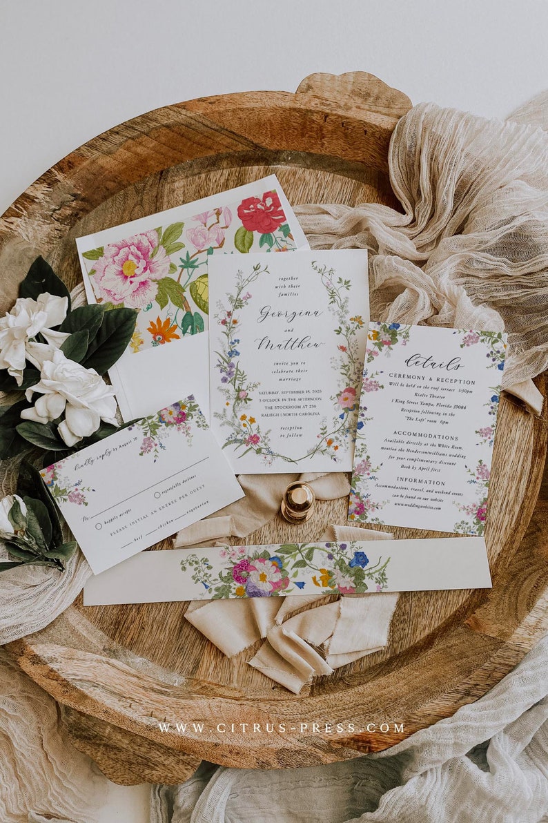 Wildflower Wedding Invitation Template Floral Printable Invitation Suite Pastel Wildflower Floral Wedding Invitation Set 012 image 1