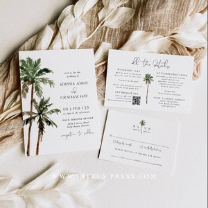 Tropische palmboom bruiloft uitnodiging, strand bruiloft uitnodiging, bestemming bruiloft sjabloon, Instant Download, Corjl afdrukbare 010 afbeelding 1