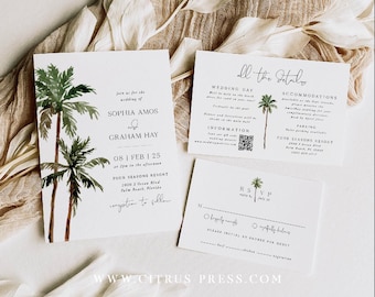 Tropical Palm Tree Wedding Invitation, Beach Wedding Invitation, Destination Wedding Template, Instant Download, Corjl Printable 010